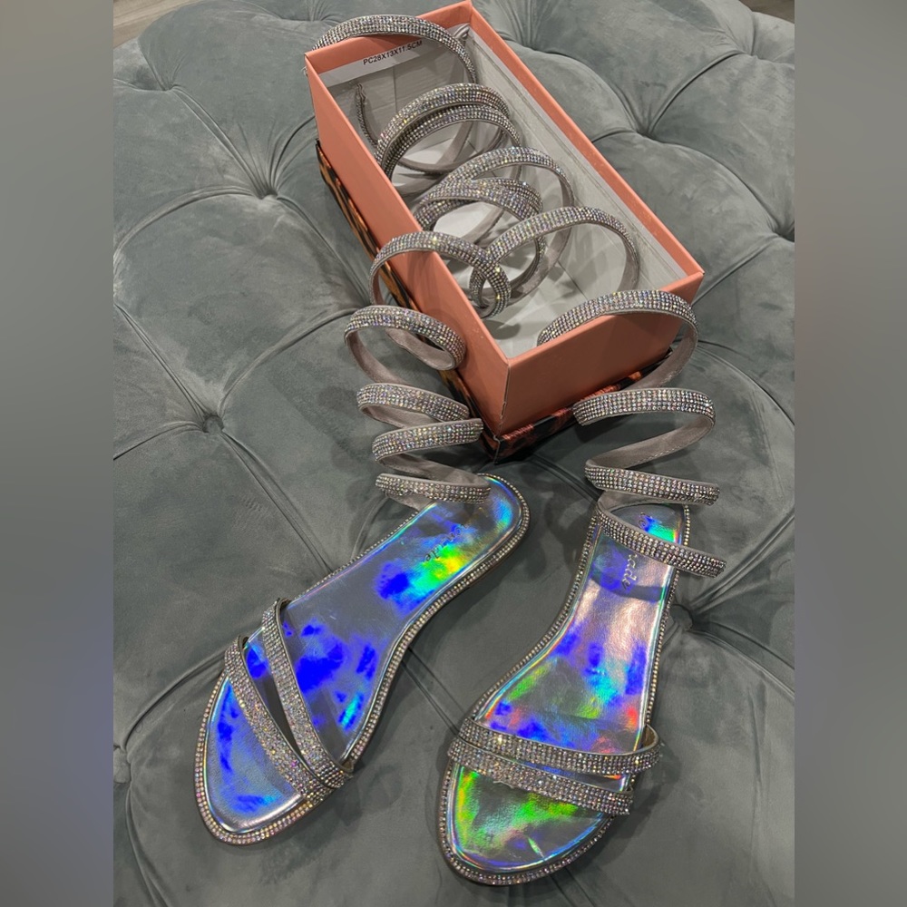 Fashion Nova Iridescent Holographic Crystal-Strap Gladiator Sandals